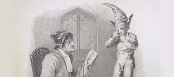 Old print of a school teacher with a switch, and a small child crying wearing a dunce cap.